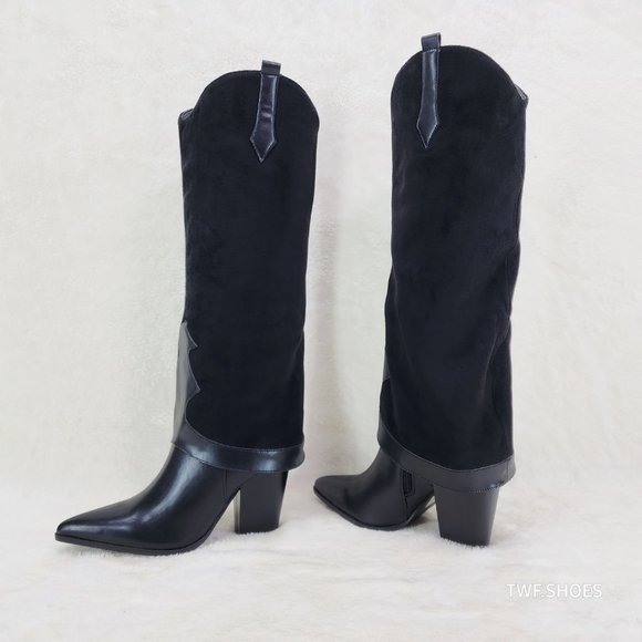 Branded Black Skirted Fold Over Western Knee High Cowgirl Boots - Picture 4 of 8